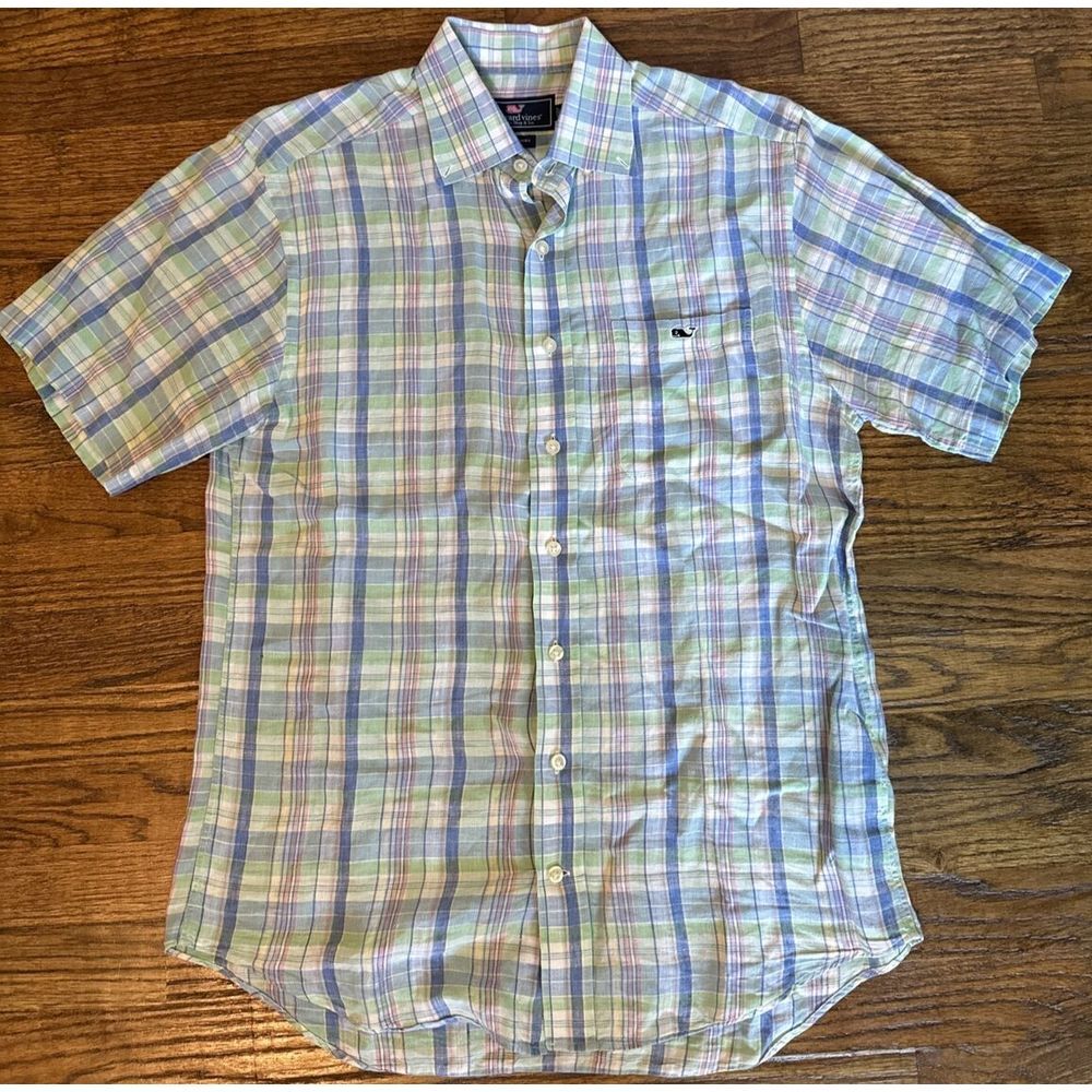 Vineyard Vines Tucker Linen Shirt Men's Size Small Blue Green Plaid Short Sleeve